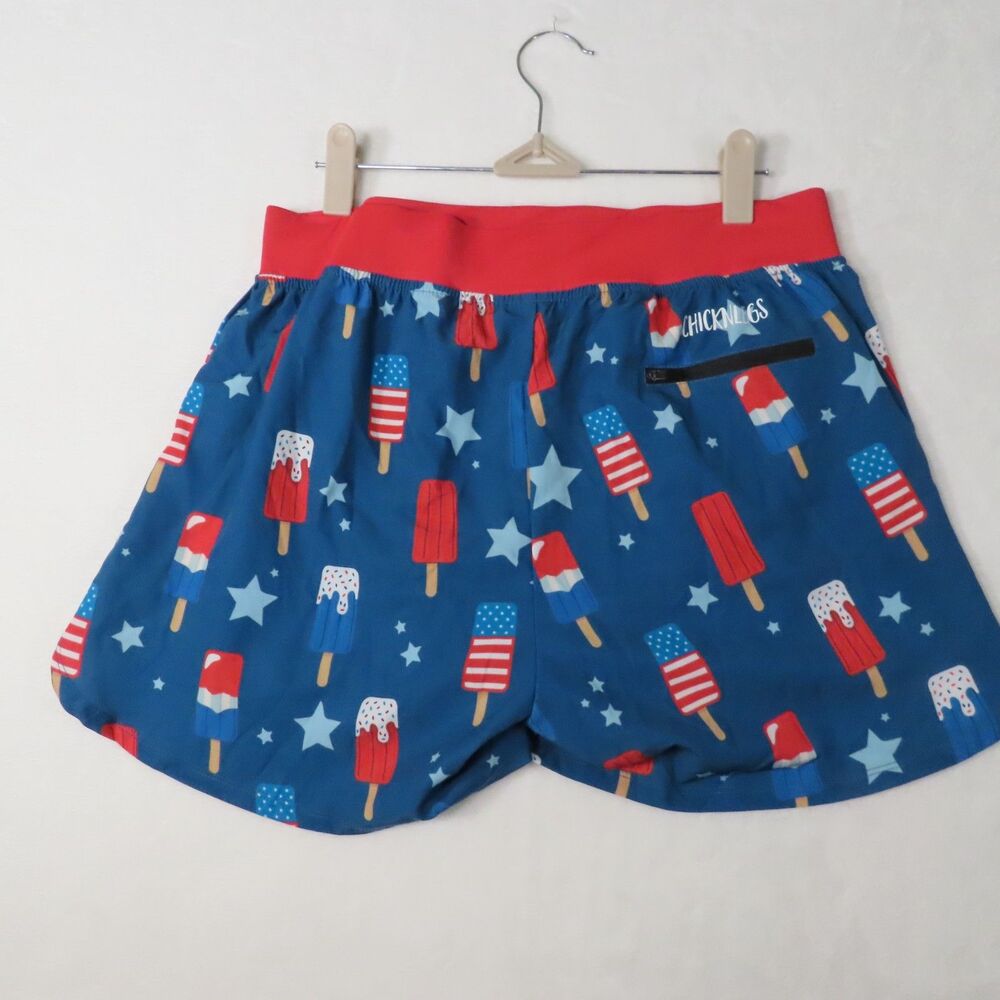 ChicknLegs NWT Patriotic Popsicle Running Shorts Built-In Liner BackZip Pocket L